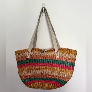 Vintage Striped Woven Sisal Bucket Tote with Leather Straps